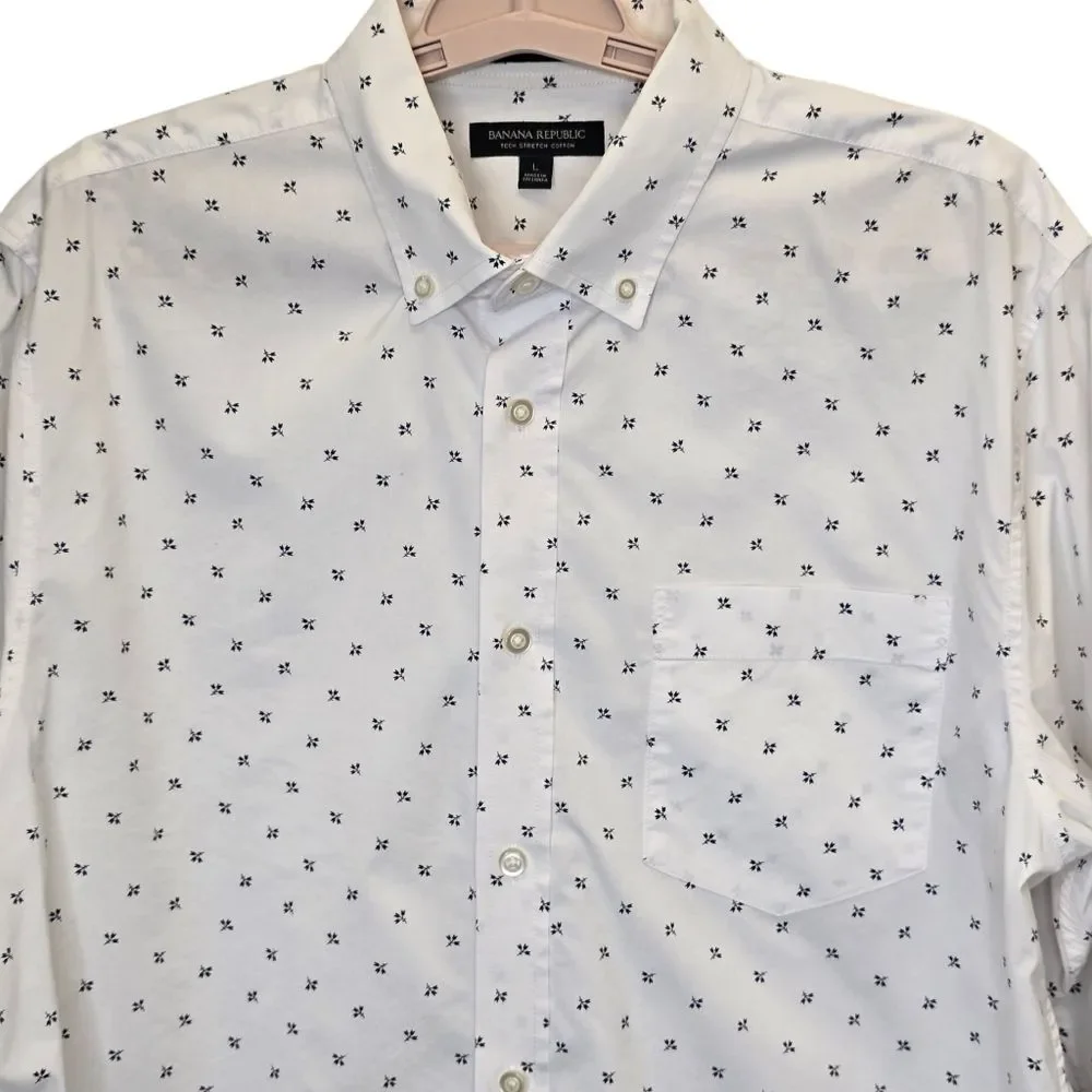 Banana Republic Mens L Tech Stretch Cotton White Blue Floral Pattern Shirt
